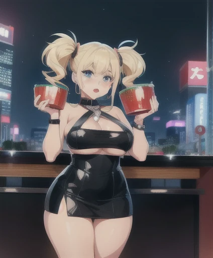 One girl,  (((Slut))),Hoop Earrings, Swollen lips, Painted lips, Thick lips. 
Blonde, Short Twin Tails, Wide Hips, Thick thighs, Bursting Chest Nightlife, City of night, サイbarパンクシティ, Futuristic cityscape. Neon Light, (Skyscraper:1.1), Tokyo Tower, Palm tree, Fabric signboard, Ramen stall, Nightclub. Bright city lights, Exotic Cars. alcohol, bar, Ramen, Soup stall ,alcohol bottles,