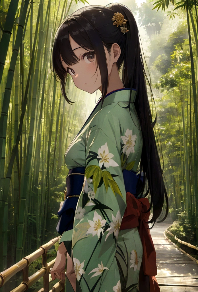 "(best quality,highres,masterpiece:1.2), working ofice ,serene bamboo forest,bamboo leaves gently falling in the wind,beautiful girl in kimono walking away from camera, wallpaper for mobile "