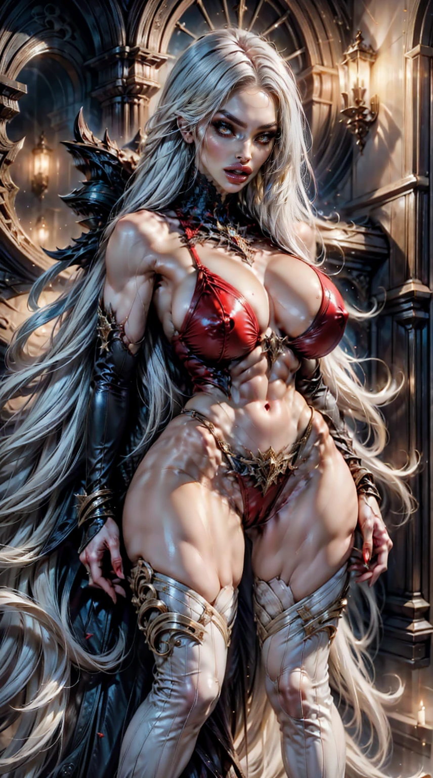 (megan fox:1.25), (muscular:1.5), (full body view:1.25), (pale skin, white hair, red eyes:1.46), (woman:1.1),(very muscular bodybuilder girl:1.25), (huge upper body:1.25), (narrow hips:1.0), long hair, (huge muscular arms:1.5,), (10-pack abs:1.4), (lots of veins:1.25), (horror:1.0), (esoteric:1.1), (solo:1.4), (dynamic angle:1.0), (cowboy shot:1.0), thin legs, Realistic, Very detailed face and eyes, (masterpiece:1.1), (best quality:1.1), (ornate:1.1), (beautiful girl face:1.25)