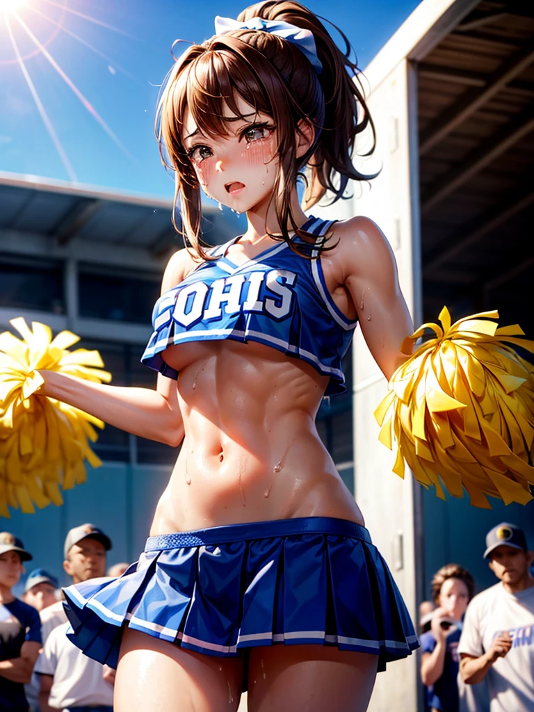 Highest Resolution,Highest quality,((Cheerleader holding a sports drink))A beautiful girl with a crying face,sunny,Tears and saliva dripping,Brown hair ponytail,Sweating profusely,whole body,Belly on,Abdominal muscles,