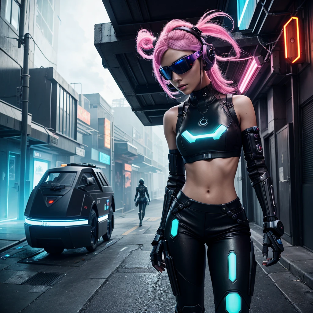 Generate an image of a highly detailed, futuristic cyberpunk female character standing confidently in an urban alley. The character should have long, flowing, pastel-colored hair and be wearing a high-tech, fitted outfit that combines elements of sleek black leather and metallic armor. The outfit should include a crop top with technological designs, high-waisted shorts, and cybernetic arm and leg enhancements with glowing lights.The character should wear stylish, futuristic sunglasses and have a confident expression. The setting should be a narrow, urban alley with a blend of modern and futuristic elements, including neon signs, cables, and high-tech machinery. The lighting should be vibrant, with dynamic colors and shadows to create a dramatic atmosphere. Include details such as robotic accessories, advanced weaponry, and a high-tech visor or headset.The overall aesthetic should be a blend of cyberpunk and sci-fi, emphasizing the character's strength, style, and advanced technology."