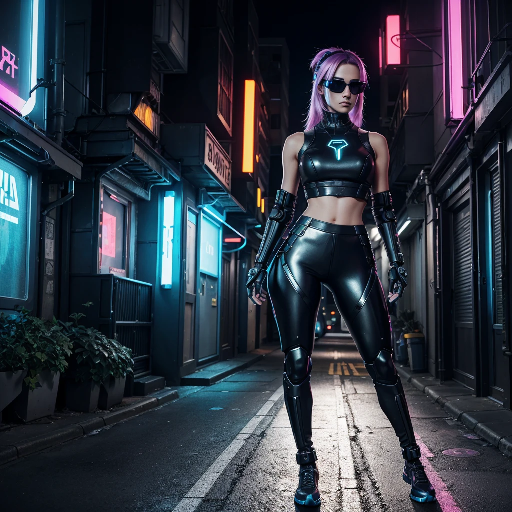 Generate an image of a highly detailed, futuristic cyberpunk female character standing confidently in an urban alley. The character should have long, flowing, pastel-colored hair and be wearing a high-tech, fitted outfit that combines elements of sleek black leather and metallic armor. The outfit should include a crop top with technological designs, high-waisted shorts, and cybernetic arm and leg enhancements with glowing lights.The character should wear stylish, futuristic sunglasses and have a confident expression. The setting should be a narrow, urban alley with a blend of modern and futuristic elements, including neon signs, cables, and high-tech machinery. The lighting should be vibrant, with dynamic colors and shadows to create a dramatic atmosphere. Include details such as robotic accessories, advanced weaponry, and a high-tech visor or headset.The overall aesthetic should be a blend of cyberpunk and sci-fi, emphasizing the character's strength, style, and advanced technology."