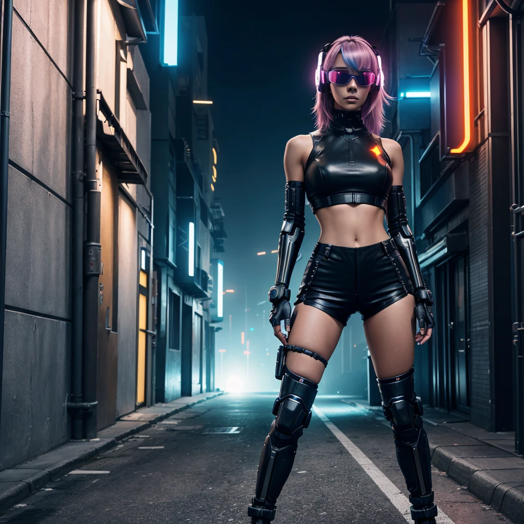 Generate an image of a highly detailed, futuristic cyberpunk female character standing confidently in an urban alley. The character should have long, flowing, pastel-colored hair and be wearing a high-tech, fitted outfit that combines elements of sleek black leather and metallic armor. The outfit should include a crop top with technological designs, high-waisted shorts, and cybernetic arm and leg enhancements with glowing lights.The character should wear stylish, futuristic sunglasses and have a confident expression. The setting should be a narrow, urban alley with a blend of modern and futuristic elements, including neon signs, cables, and high-tech machinery. The lighting should be vibrant, with dynamic colors and shadows to create a dramatic atmosphere. Include details such as robotic accessories, advanced weaponry, and a high-tech visor or headset.The overall aesthetic should be a blend of cyberpunk and sci-fi, emphasizing the character's strength, style, and advanced technology."