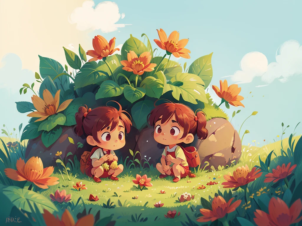 children's illustration style,cartoon illustration,little red flower,grassland,flower,no one,clearing,Simple background