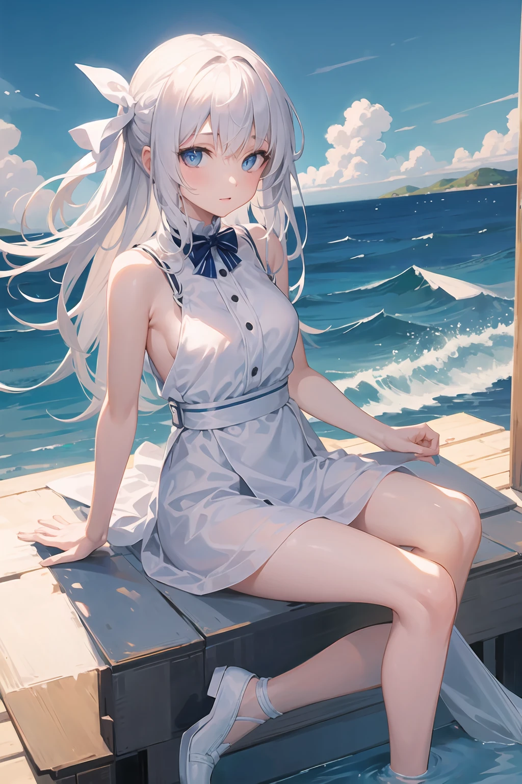 UHD,masterpieces,perfect figure,1girl,solo,white hair,middle breasts,long air,white skin,smooth skin,blue eyes,smilling,speard hair,white dress,beautiful waist,16 years old,white panyhose,nake arms,bows in head back,sitting,bright sky,sunny weather,Translucent fabric,cute style,at the sea,looking at viewer