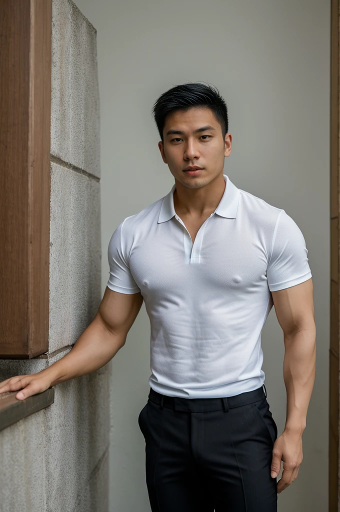 25 year old muscular Asian man, The face looks like that of an Indonesian artist., Bold and cool, Wear a tight white polo shirt., chest visible, Wear black trousers., ((in wonderland)), Pose, Photo model, Very high quality, Very high resolution,