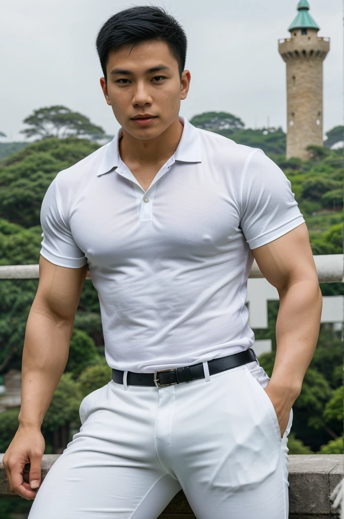 25 year old muscular Asian man, The face looks like that of an Indonesian artist., Bold and cool, Wear a tight white polo shirt., chest visible, Wear black trousers., ((in wonderland)), Pose, Photo model, Very high quality, Very high resolution,