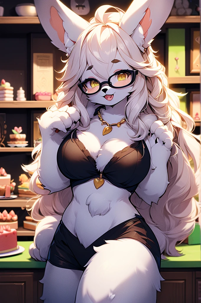 (fluffy anthro furry: 1.6),rabbit girl,female furry,yellow long hair,rabbit ears,glasses,necklace,flora hairpin,arm brecelet,looking at viewer,smile,open mouth,cake shop, sexy pose, seductive, flirting, sexy black lingerie, sexy black stockings, sexy black bra