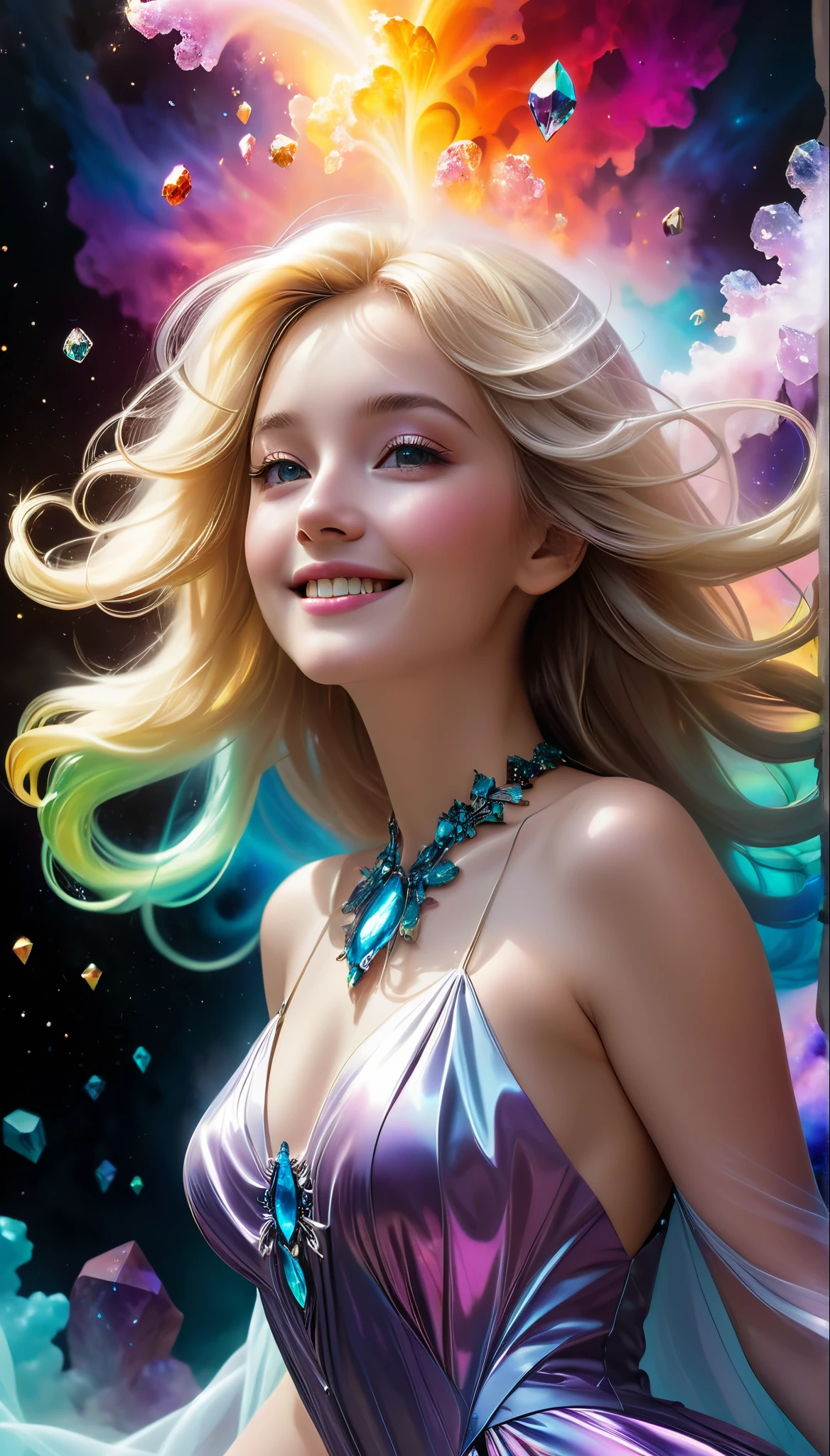 young naked beautiful girl, smiling, long white hair, blue eyes, midshot, fluorescent whole body Bathed in Rainbow Shades following Her Delicate body creating Surreal patterns. Featuring Intricate Patterns, night sky, hyperdetailed painting, 4k resolution, render, octane render, intricately detailed patterns, cinematic