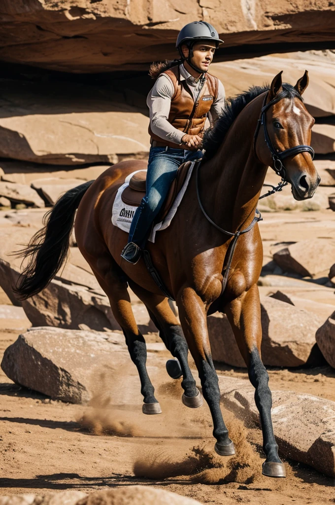 brown horse is running through the big rock