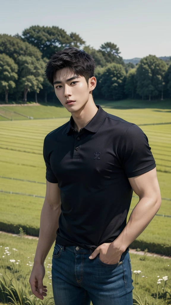 young korean man , 1 boy, white skin , Fine skin, 1 boy, ((realistic)), abdomen, good light quality, muscle veins, ((Pale skin)), football player, (Masterpiece, Special quality, high resolution, 8K, complicated:1.2), (detailed face:1.2), handsome, , Embossed, 1 boy,alone, look at viewer, Balancing the eyes, , (Make eye contact), , black polo shirt, With super tight navy blue jeans., big Embossed (In the countryside:1.5), (field:1.3)