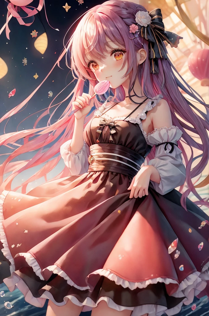 Anime girl in a dress holding a lollipop in candyland, Splash art anime , Cute detailed digital art, Anime fantasy illustration, 高詳細Official artwork, Anime fantasy artwork, Magical Girl Portrait, guweiz on pixiv artstation, Official artwork, Guweiz on ArtStation Pixiv, Candy Girl, Anime style 4k