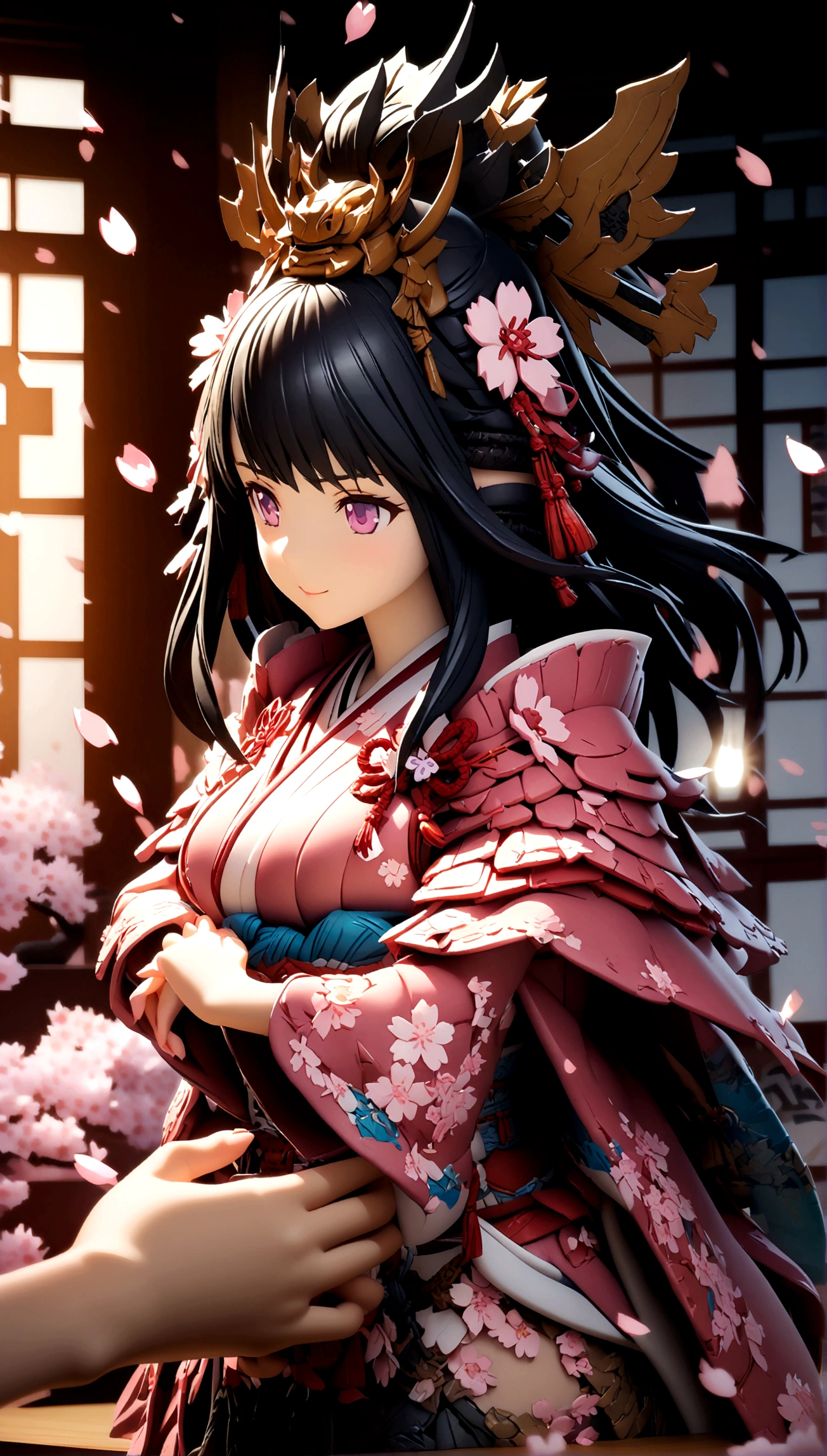 (Samurai Girl, (background fantasy cherry blossoms)Resolution, Unity, (Figure:0.8), (Fantasy cherry blossoms)(Detailed and beautiful), Highly detailed face, Perfect lighting, Highly detailed CG, (Perfect hands, Perfect anatomy),
