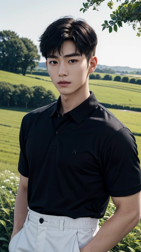 young korean man , 1 boy, white skin , Fine skin, 1 boy, ((realistic)), abdomen, good light quality, muscle veins, ((Pale skin)), football player, (Masterpiece, Special quality, high resolution, 8K, complicated:1.2), (detailed face:1.2), handsome, , Embossed, 1 boy,alone, look at viewer, Balancing the eyes, , (Make eye contact), , black polo shirt, With super tight navy blue jeans., big Embossed (In the countryside:1.5), (field:1.3)