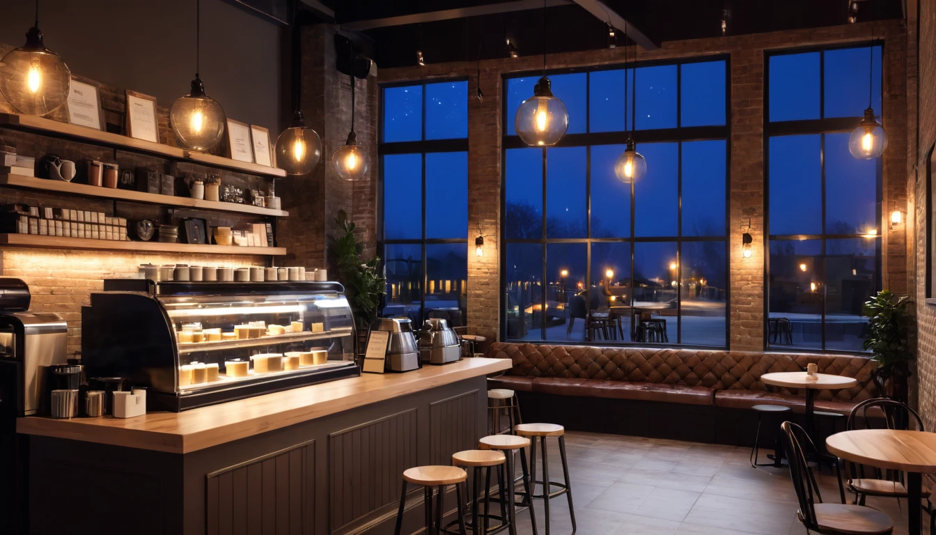 cozy coffee shop interior at night with a big window in the center