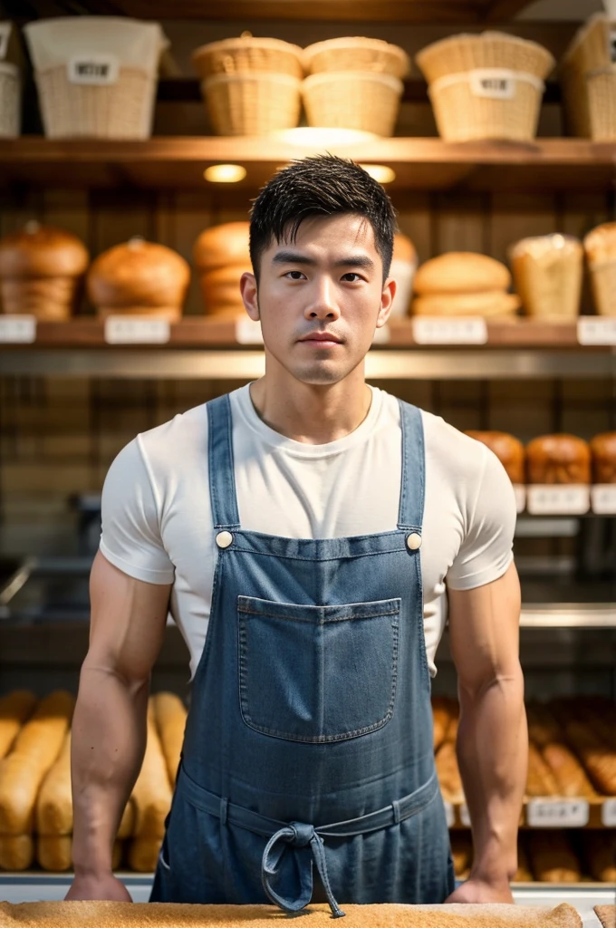 30 years old, Big eyes, Chinese man, stubble, White finger, Big muscles, exaggerated muscles, mature man, Swollen muscles, bodybuilding physique, chest muscles, abdomen, in a bakery, lots of bread, short sleeve, baker, jeans, natural light, wet, Wheat color skin, 1 person, stand