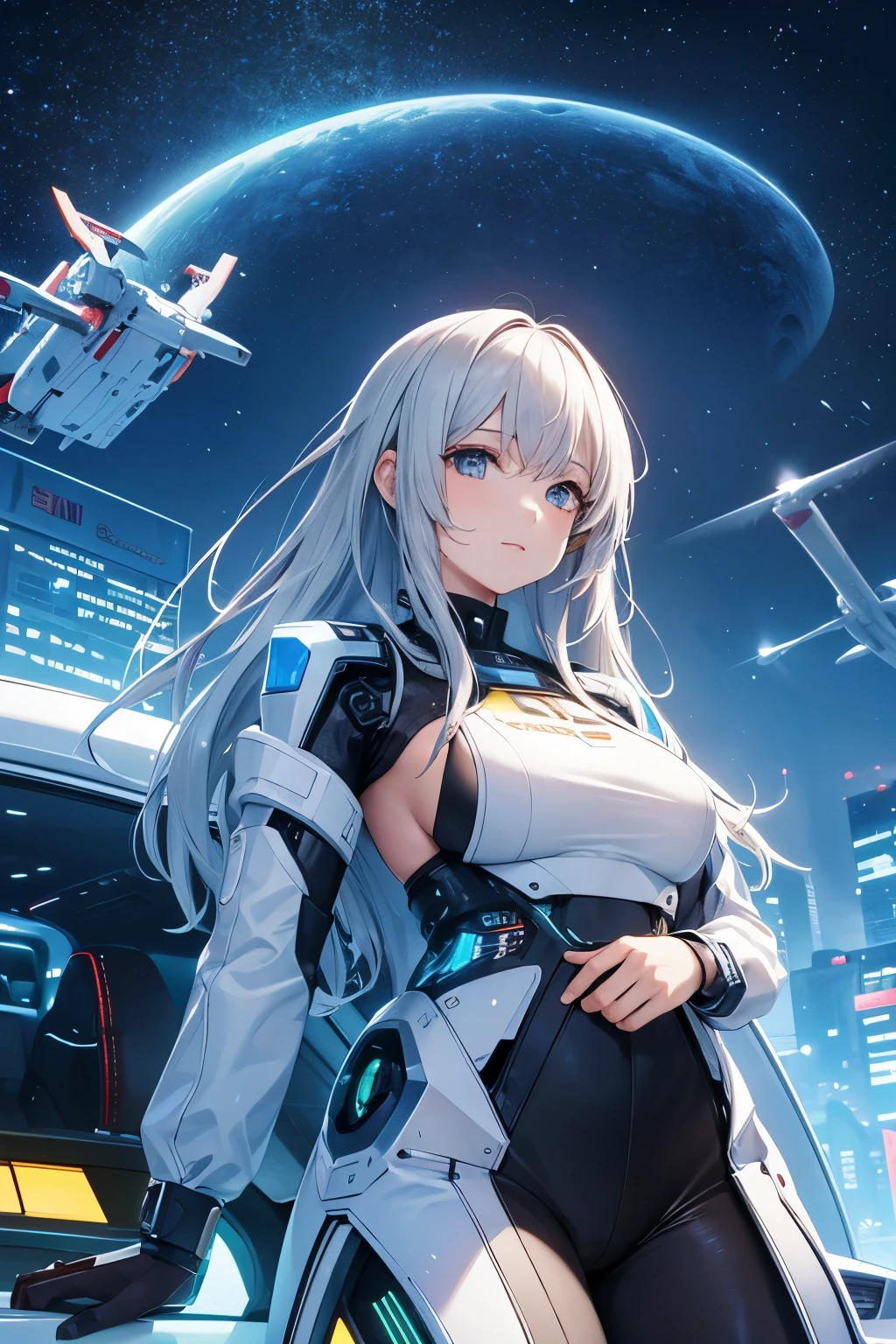 A woman in a futuristic outfit standing in front of a spaceship - SeaArt AI