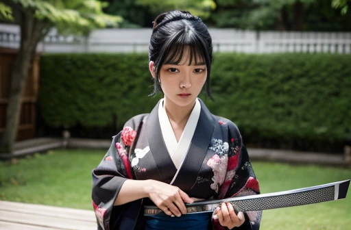 A woman with black hair wearing a kimono holding a sword-like knife Cutting the tuna