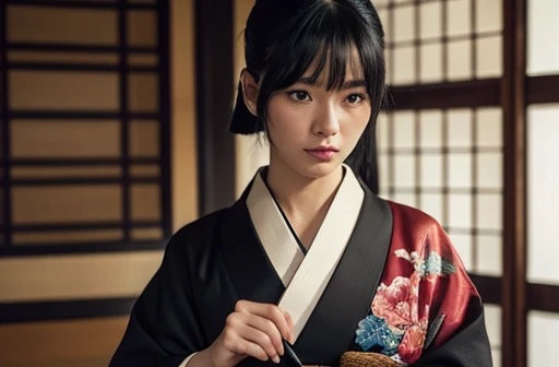 A woman with black hair wearing a kimono holding a sword-like knife　Cutting the tuna