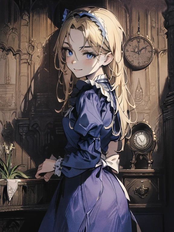 masterpiece, Highest quality, Very detailed, 16K, Ultra-high resolution, Cowboy Shot, Alice in Wonderland, (art nouveau:1.3), 10-year-old girl, Detailed face, smile, blue eyes,Blonde, Long Hair, Ribbon on head, Blue clothes, White apron, In a room with a big clock