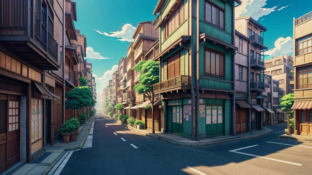 anime scenery of a street with a lot of buildings and plants, anime background art, studio ghibli sunlight, beautiful anime scene, japanese street, beautiful anime scenery, anime scenery, japanese town, anime beautiful peace scene, anime scenery concept art, anime style cityscape, style of makoto shinkai, colorful anime movie background, anime background, ancient city streets behind her