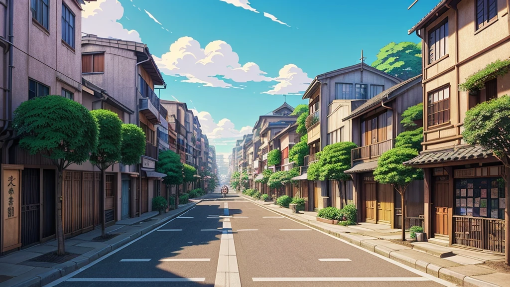 anime scenery of a street with a lot of buildings and plants, anime background art, studio ghibli sunlight, beautiful anime scene, japanese street, beautiful anime scenery, anime scenery, japanese town, anime beautiful peace scene, anime scenery concept art, anime style cityscape, style of makoto shinkai, colorful anime movie background, anime background, ancient city streets behind her