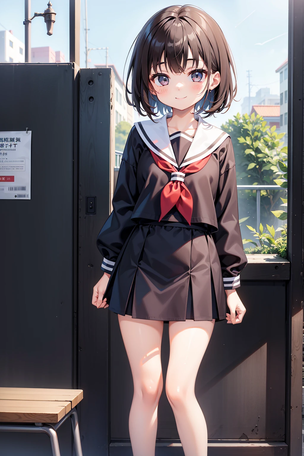 (One girl)、smile、Dark brown short hair、high school girl、Sailor suit、Standing with legs slightly apart、Invite