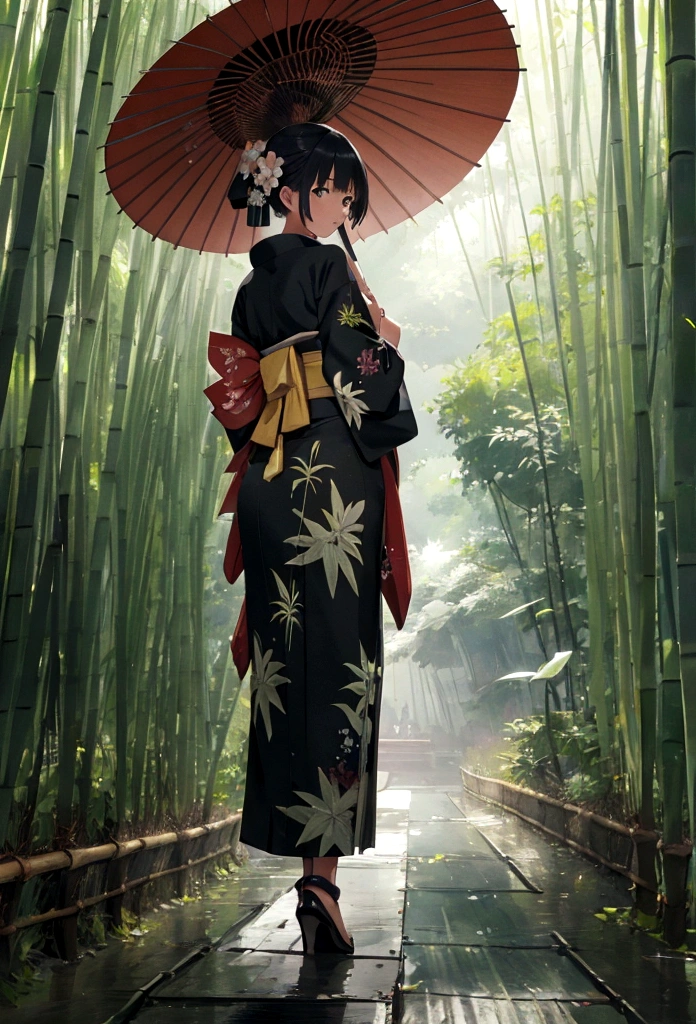 "(best quality,highres,masterpiece:1.2), working ofice ,serene bamboo forest,bamboo leaves gently falling in the wind,beautiful girl in kimono, holding umbrella, walking away from camera, full body wallpaper for mobile. from behind