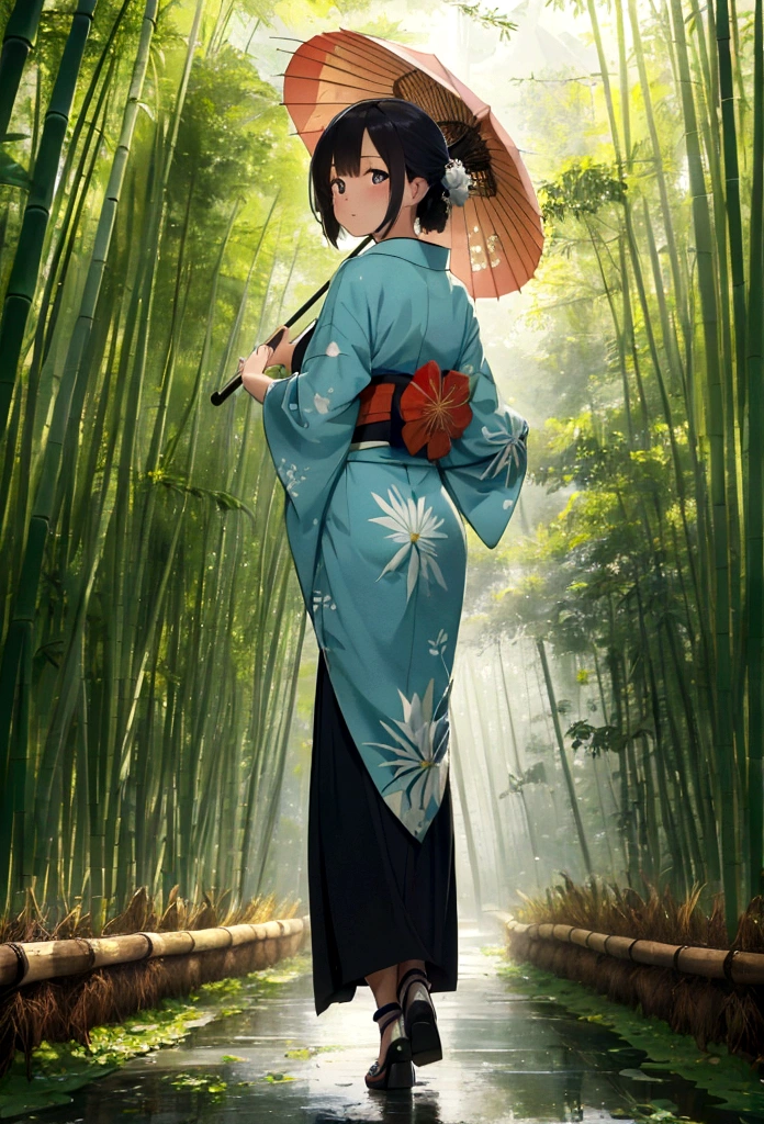"(best quality,highres,masterpiece:1.2), working ofice ,serene bamboo forest,bamboo leaves gently falling in the wind,beautiful girl in kimono, holding umbrella, walking away from camera, full body wallpaper for mobile. from behind
