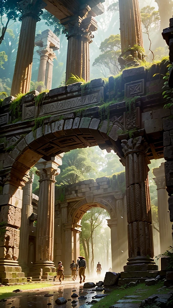 (high-detail、high-level image quality、8k) 、(great adventure、Ancient ruins in the forest)、(Indiana Jones and two American boys are walking towards the ruins.)、(Excitement、Anticipation、Pounding sensation、Nervousness) raining