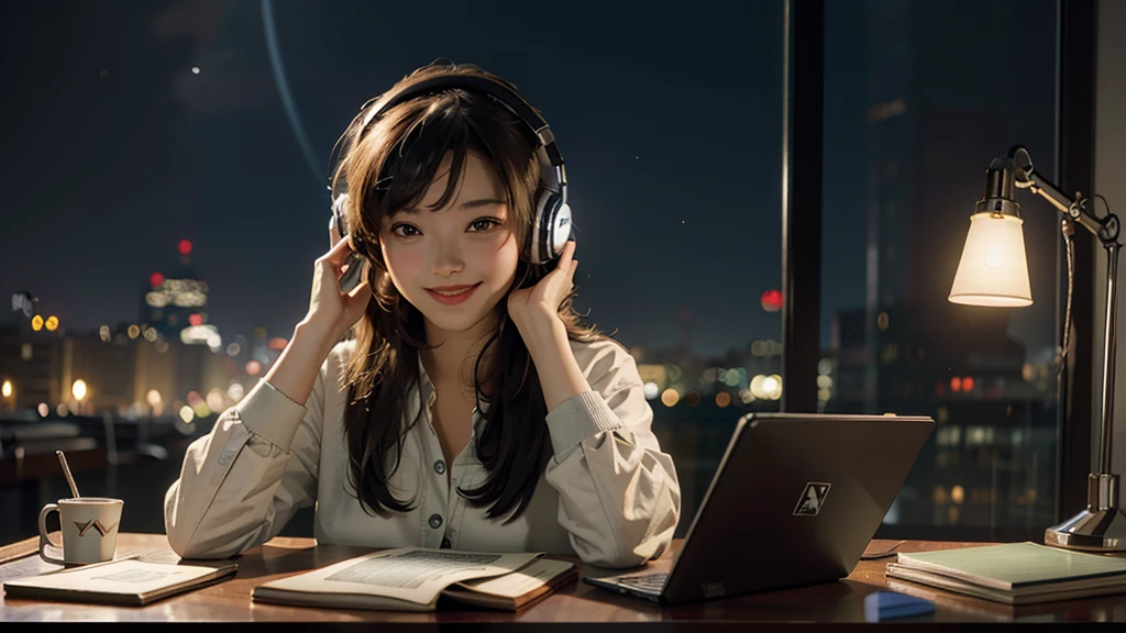 Best picture quality, Masterpiece, Ultra high resolution, (Fidelity: 1.4), Photography, One girl, Reading at desk, Headphones, Smiling, Night, Night view