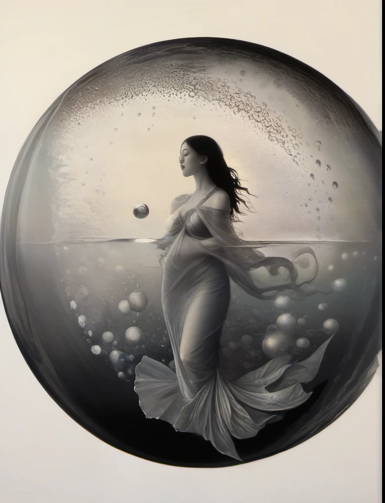James Gurney, Surrealist art , dream-like, mysterious, Provocative, symbolic, Complex, detailed,, (Gothic but very beautiful:1.4), (masterpiece, Highest quality:1.4) , Nicola Samori Style, Water bubbles、Underwater、Beautiful mermaid in a big bubble