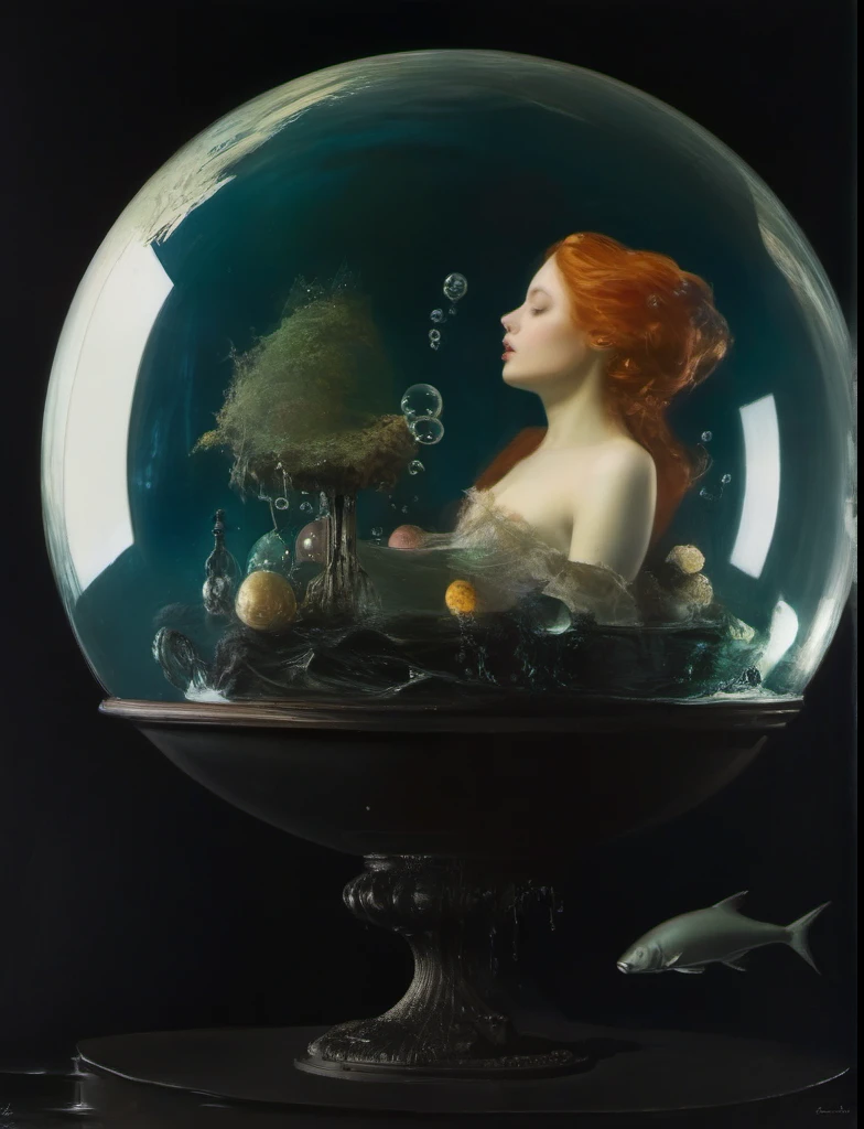 James Gurney, Surrealist art , dream-like, mysterious, Provocative, symbolic, Complex, detailed,, (Gothic but very beautiful:1.4), (masterpiece, Highest quality:1.4) , Nicola Samori Style, Water bubbles、Underwater、Beautiful mermaid in a big bubble