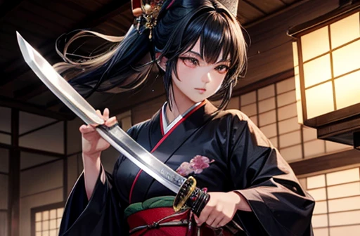 A woman with black hair wearing a kimono holding a sword-like knife Cutting the tuna