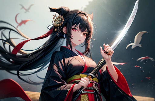 A woman with black hair wearing a kimono holding a sword-like knife Cutting the tuna