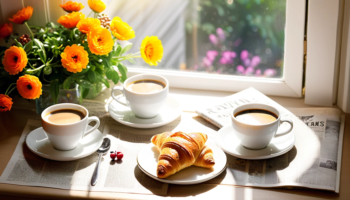 Create an image of a cozy morning scene featuring two cups of coffee with floral patterns on a table by a window, with sunlight filtering through vibrant flowers. Include details such as a newspaper, fresh croissants, scattered berries, and coffee beans to enhance the warm and inviting atmosphere.