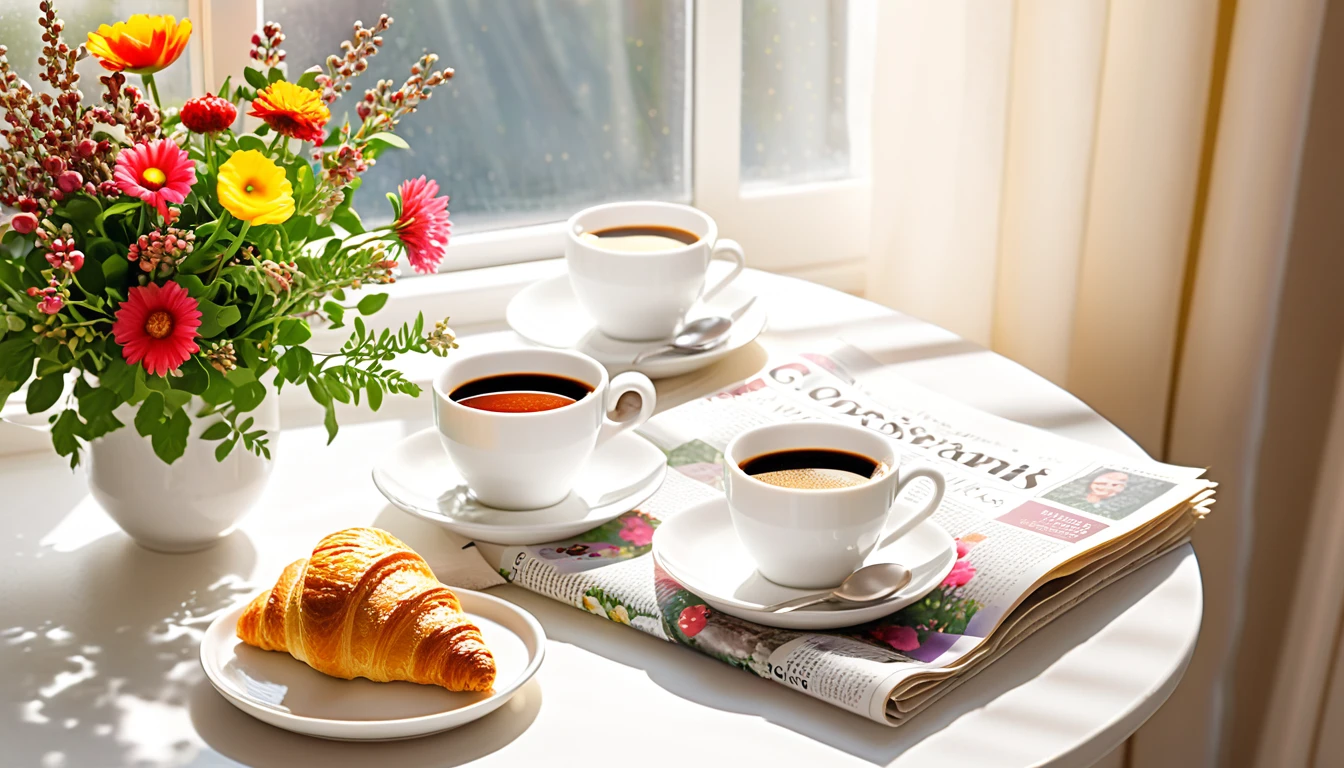 Create an image of a cozy morning scene featuring two cups of coffee with floral patterns on a table by a window, with sunlight filtering through vibrant flowers. Include details such as a newspaper, fresh croissants, scattered berries, and coffee beans to enhance the warm and inviting atmosphere.