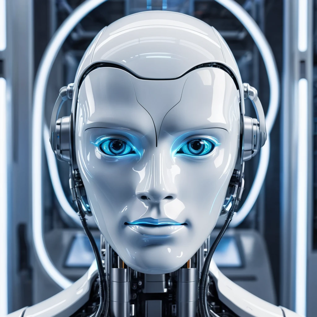 Ai robot male face in futuristic lab, surreal
