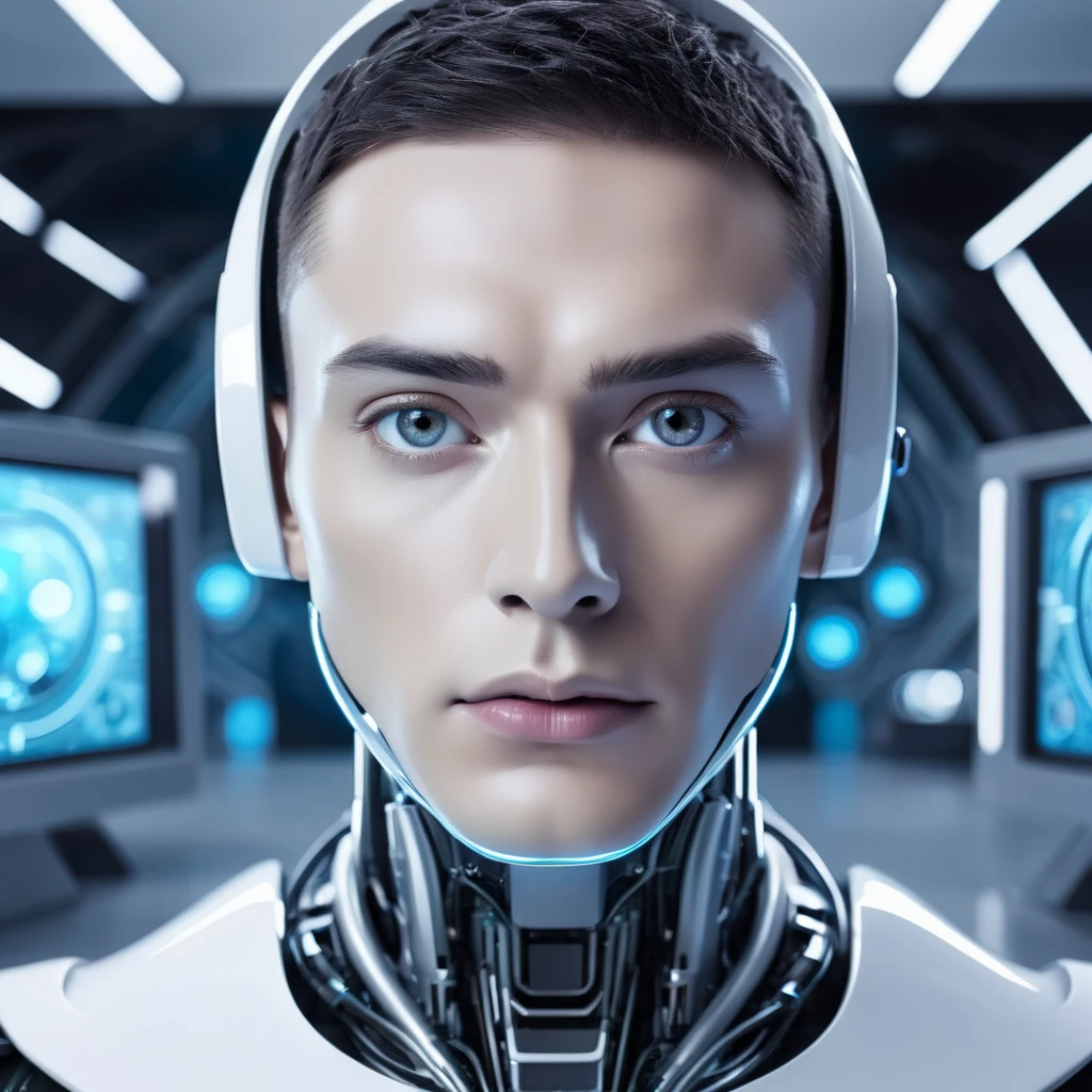 Ai robot male face in futuristic lab, surreal