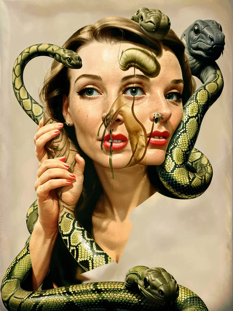 a collage of a woman's face with a Snake in the background