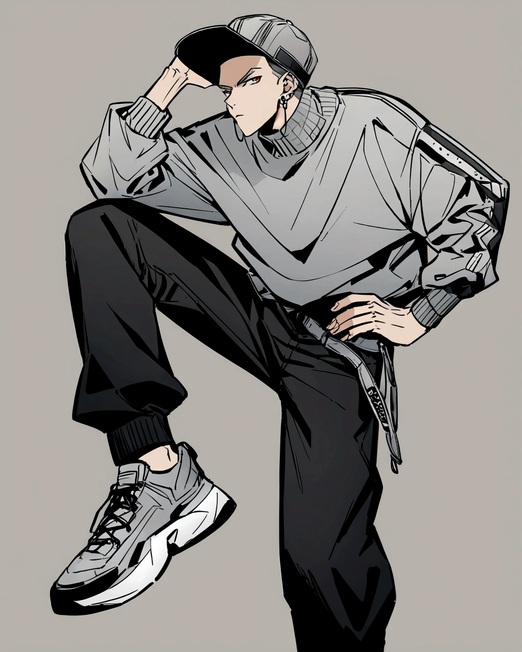 Create an anime-style illustration of a boy's character with a solid grey color background. The boy should be wearing a hip-hop style cap, grey sneakers, and a grey sweater paired with black pants. . The overall look should convey a trendy and sporty vibe."