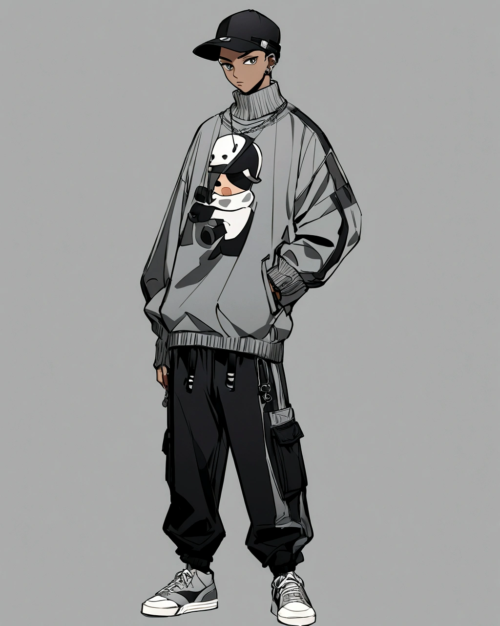 Create an anime-style illustration of a boy's character with a solid grey color background. The boy should be wearing a hip-hop style cap, grey sneakers, and a grey sweater paired with black pants. . The overall look should convey a trendy and sporty vibe."
