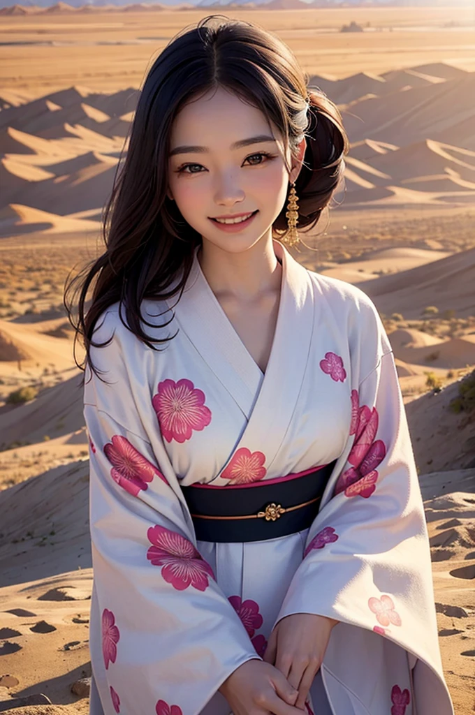 A beautiful smiling woman in a kimono in the sunlit desert