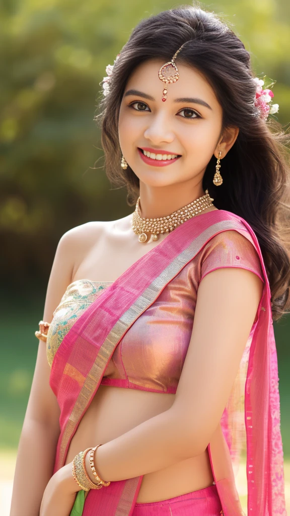 ultra high detailed, an indian girl, cute smile realistic face, happy, long hair, impressive hairstyle, detailed eyes, detailed lips, indian net wali saree pink wearing jewellery, nature background,  studio , clear weather, whole body capture,noch slim image long