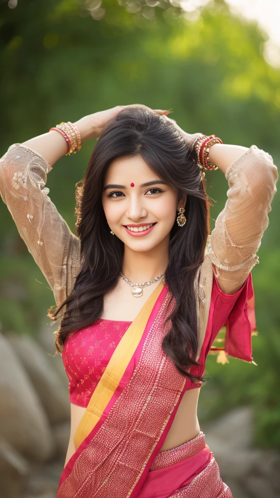 ultra high detailed, an indian girl, cute smile realistic face, happy, long hair, impressive hairstyle, detailed eyes, detailed lips, indian net wali saree pink wearing jewellery, nature background, studio , clear weather, whole body capture,noch slim image long