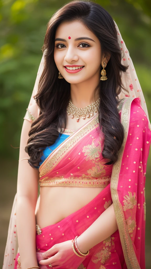 ultra high detailed, an indian girl, cute smile realistic face, happy, long hair, impressive hairstyle, detailed eyes, detailed lips, indian net wali saree pink wearing jewellery, nature background, studio , clear weather, whole body capture,noch slim image long