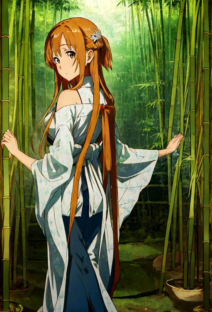 "(best quality,highres,masterpiece:1.2), working ofice ,serene bamboo forest,bamboo leaves gently falling in the wind,beautiful girl in kimono, holding umbrella, walking away from camera, full body wallpaper for mobile. from behind