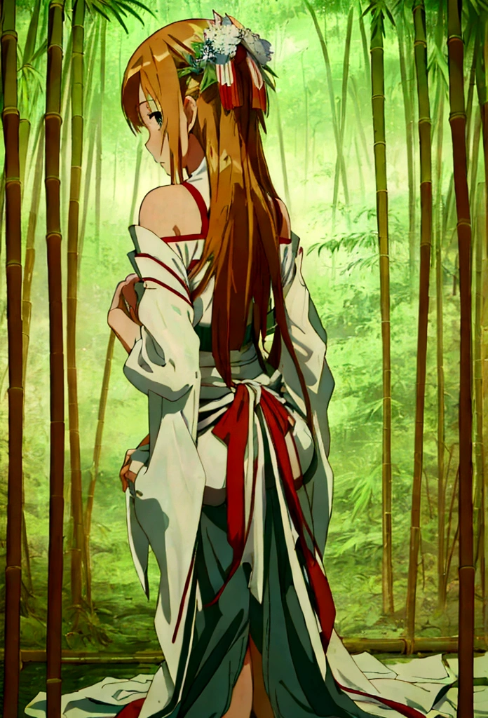 "(best quality,highres,masterpiece:1.2), working ofice ,serene bamboo forest,bamboo leaves gently falling in the wind,beautiful girl in kimono, holding umbrella, walking away from camera, full body wallpaper for mobile. from behind