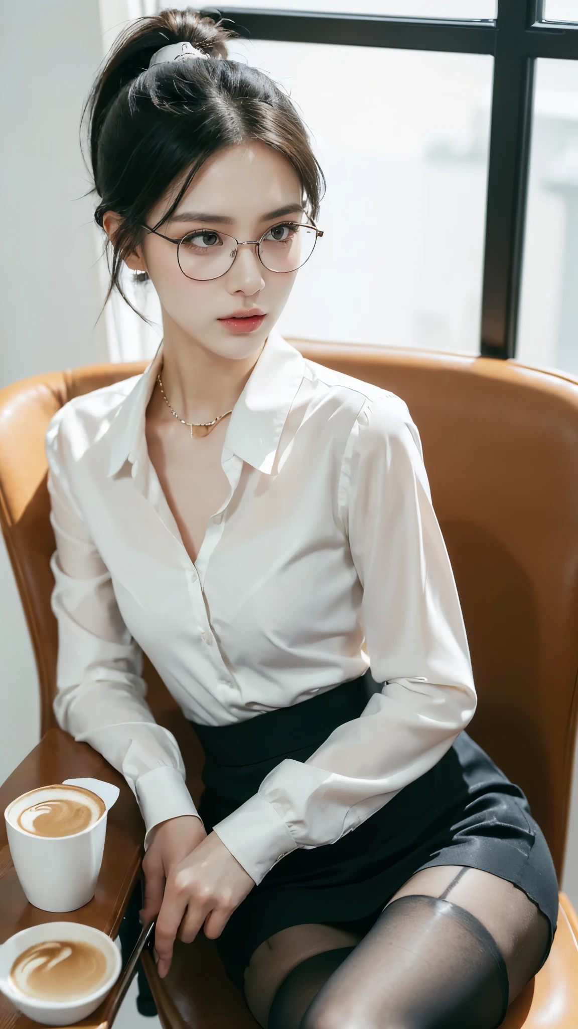ulzzang-6500-v1.1, (RAW photo:1.2), (Photoreal), (See-through:1.3), (genuine:1.4), 1Girl in glasses、22 years old、game_ticker, オーシャンブルーのeye(eye), smile of shame、I keep my hair up and short、(Elegant silk blouse:1.3), (super realistic pantyhose:1.2), (flare skirt:1.2), sitting in the office and working at the desk、realistic skin texture、shiny skin、exposed thighs!!! , Makeup、