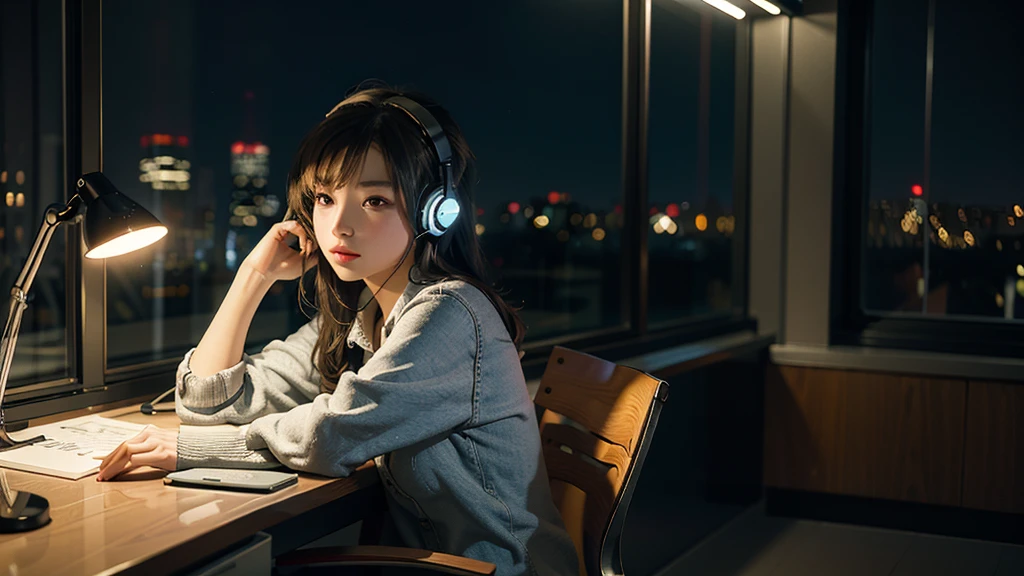 Best picture quality, Masterpiece, Ultra high resolution, (Fidelity: 1.4), Photography, One girl, Reading at desk, Headphones,Night, Night view